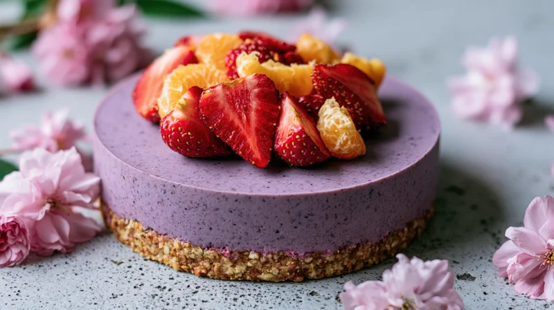 Purple raw vegan blueberry cheesecake topped with strawberries and orange segments on a gray speckled surface surrounded by pink blossoms