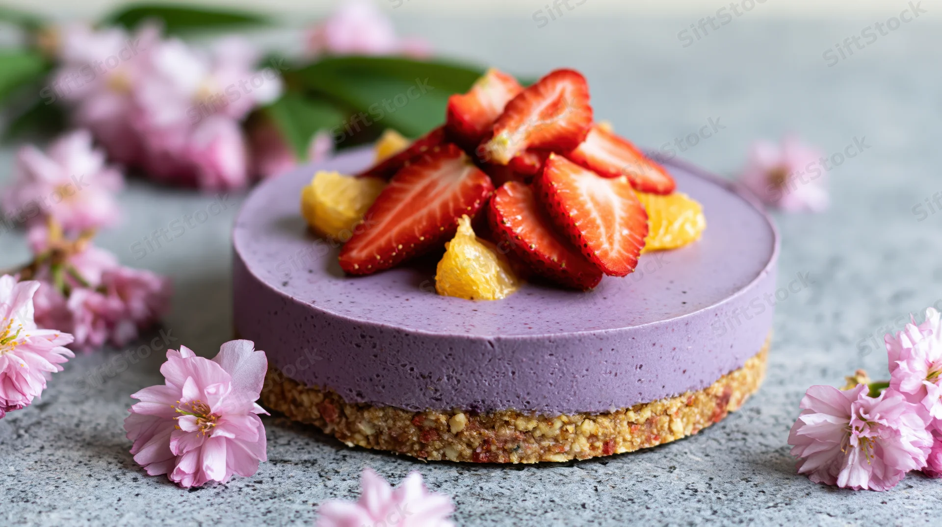 Round raw vegan blueberry cheesecake with strawberry and orange topping on gray stone surface surrounded by pink cherry blossoms