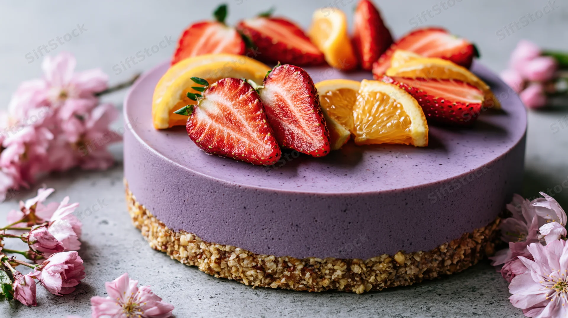 Purple vegan cheesecake topped with strawberries and orange slices on a nut crust surrounded by pink cherry blossoms