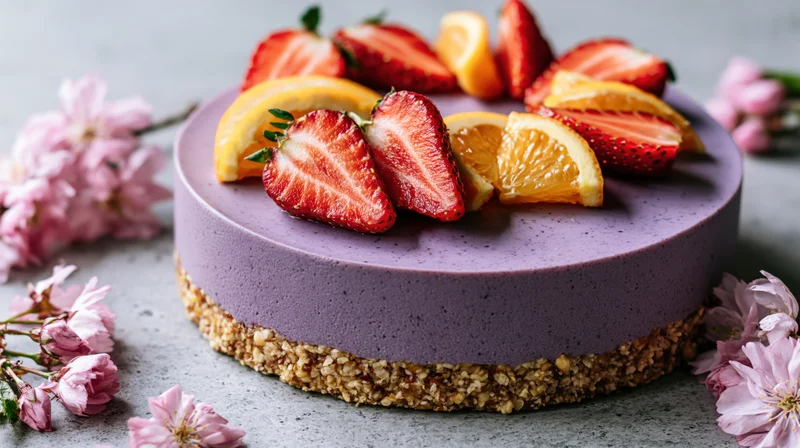 Purple vegan cheesecake topped with strawberries and orange slices on a nut crust surrounded by pink cherry blossoms