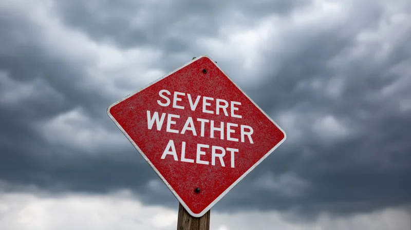 Red diamond-shaped road sign reading severe weather alert against stormy sky
