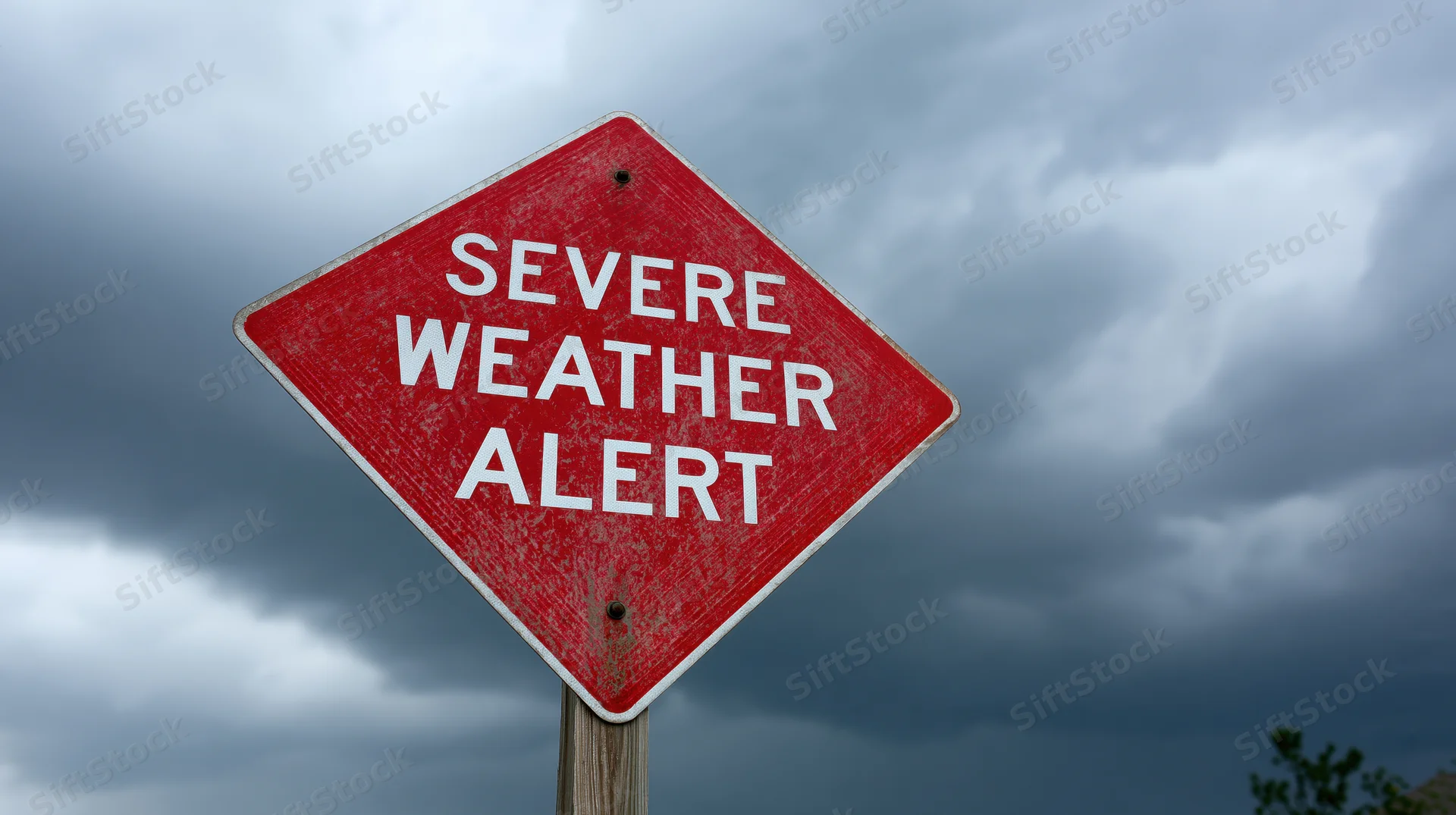 Red diamond-shaped road sign reading severe weather alert against stormy sky
