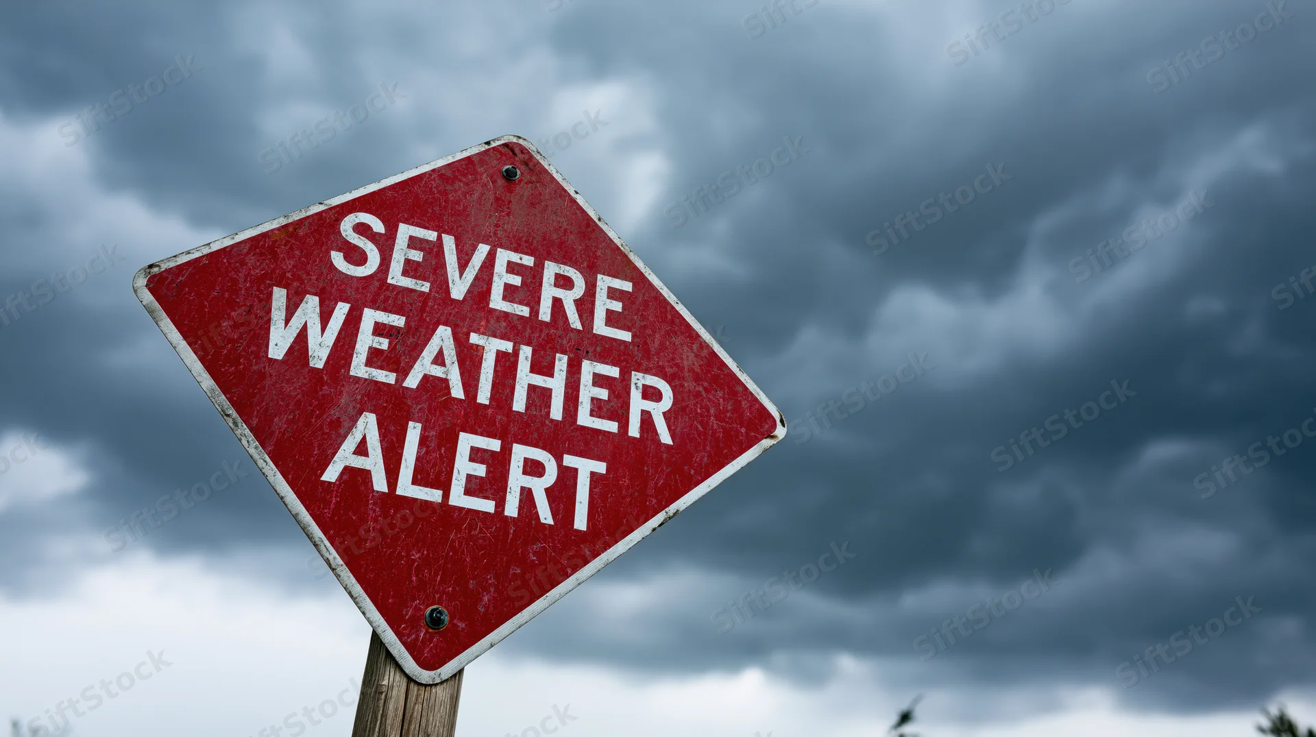 Red diamond-shaped road sign reading severe weather alert against stormy sky
