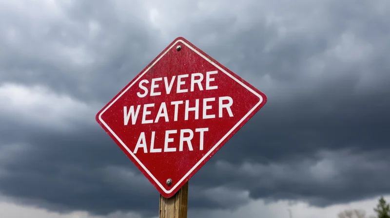 Red diamond-shaped road sign reading severe weather alert against stormy sky