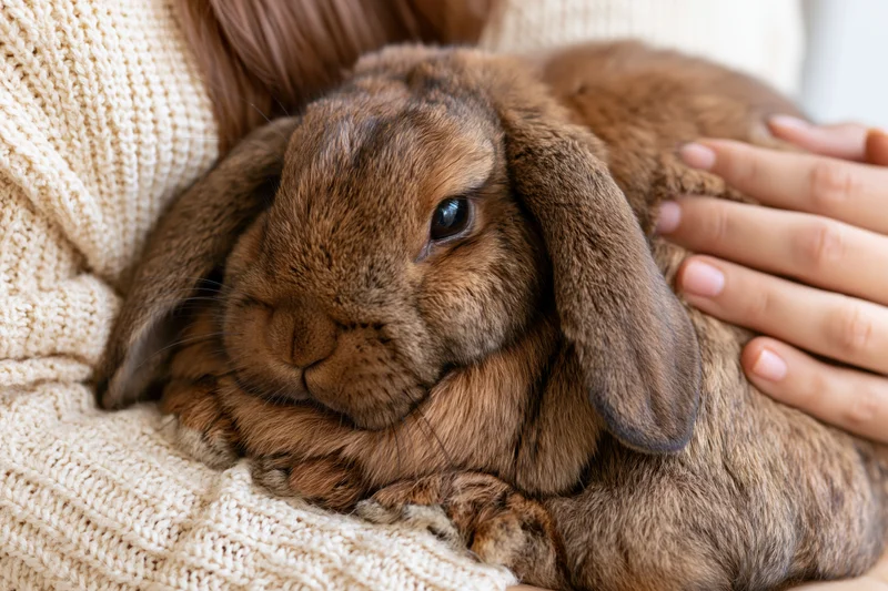 Brown lop-eared rabbit resting on a woman's lap, being gently petted with a hand on its back, nestled against a knitted sweater