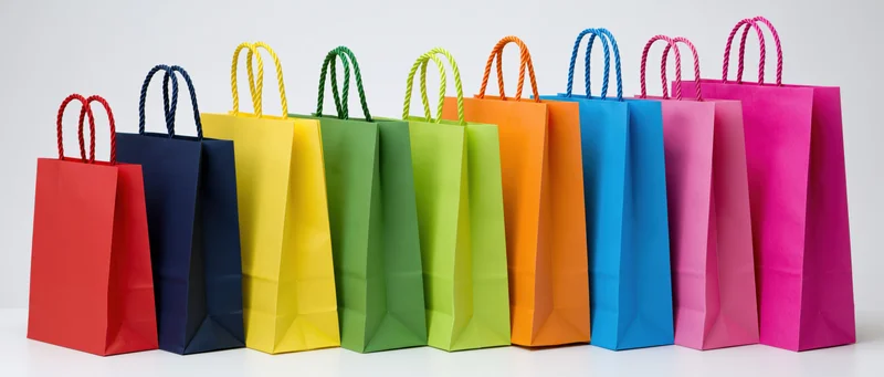 Row of colorful paper shopping bags arranged in a line on white background