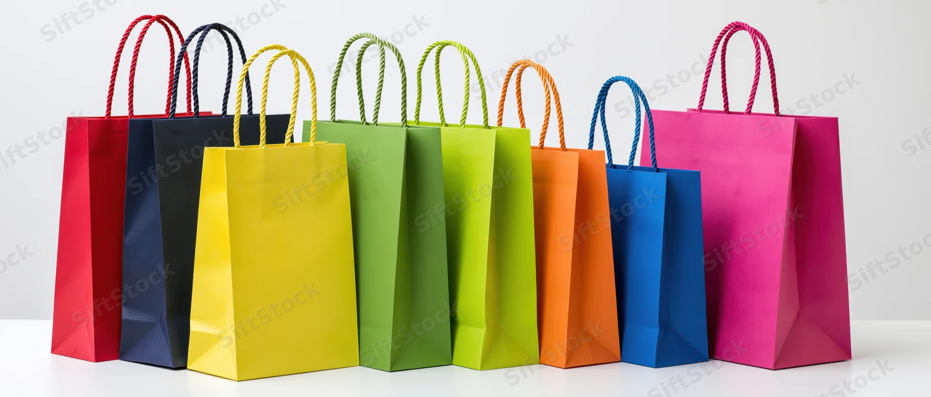 Row of colorful paper shopping bags arranged in a line on a white surface