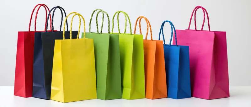 Row of colorful paper shopping bags arranged in a line on a white surface