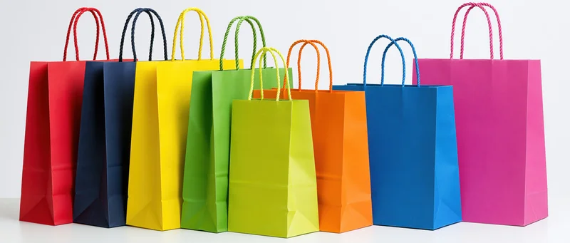 Colorful paper shopping bags arranged in a row on a white surface