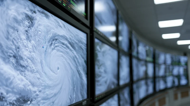 Hurricane satellite imagery displayed on curved wall of monitors in control room