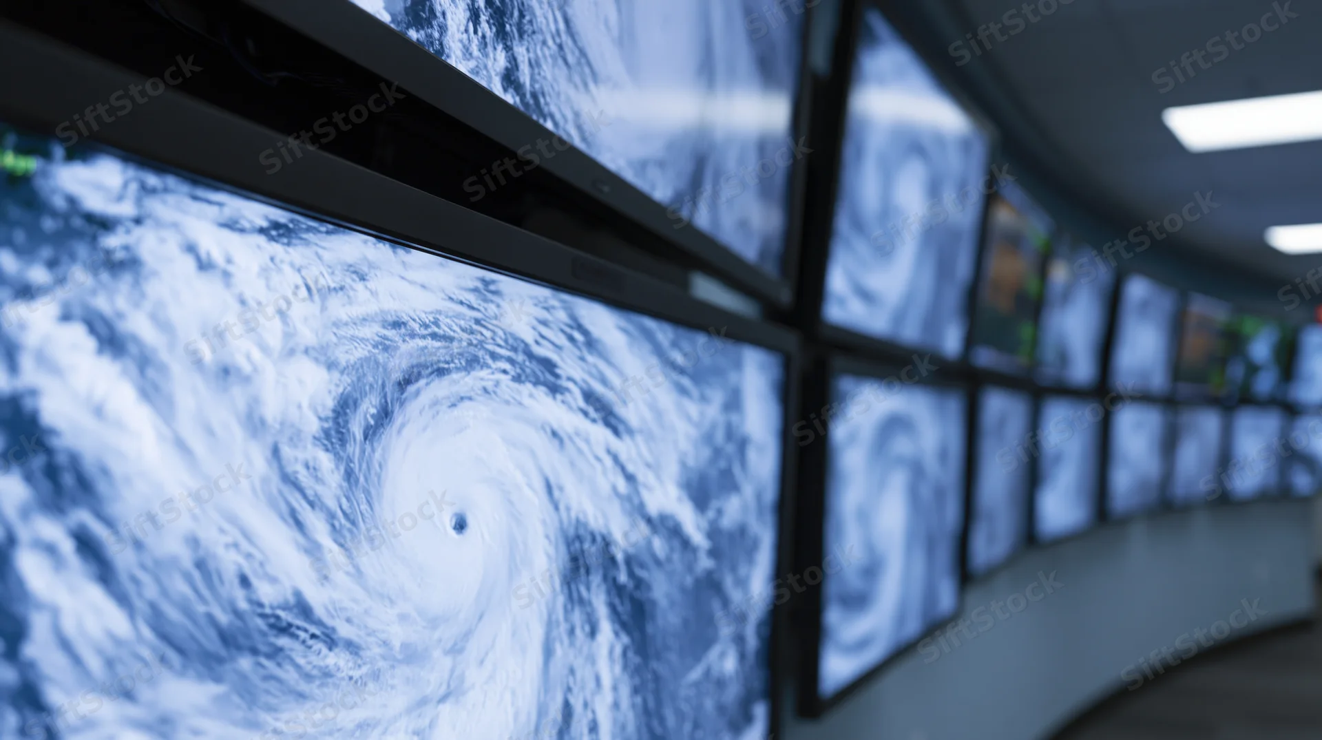 Satellite view of hurricane displayed on curved wall of monitors in control room