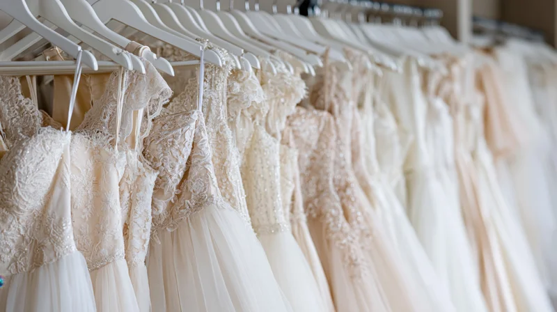 Row of white and ivory wedding dresses hanging on hangers in a bridal shop