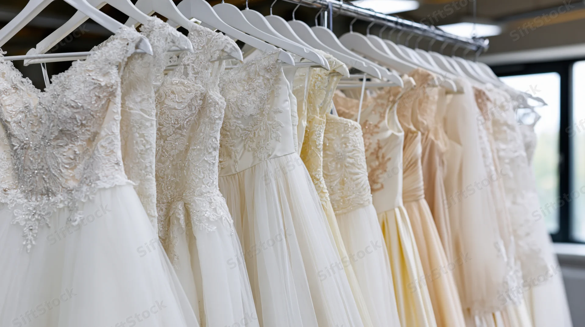 Row of white and ivory wedding dresses hanging on hangers in a bridal boutique