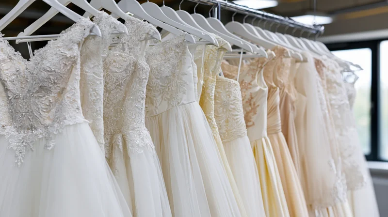 Row of white and ivory wedding dresses hanging on hangers in a bridal boutique