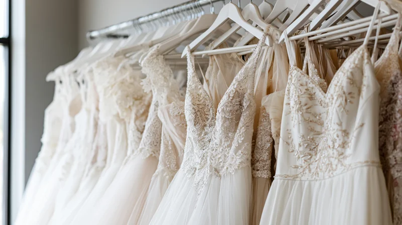 Row of white and ivory wedding dresses hanging on a rack in a bridal shop