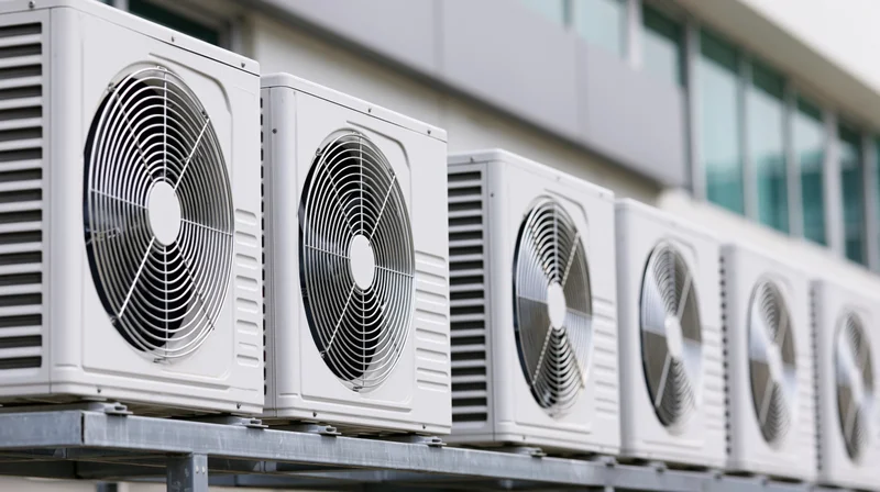 Row of white outdoor air conditioning condenser units mounted on metal rack beside modern building facade