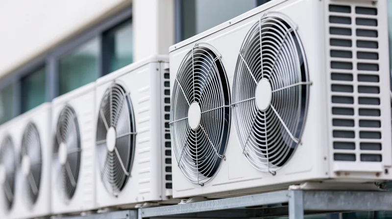 Row of white outdoor air conditioning condenser units mounted on metal frame against building exterior