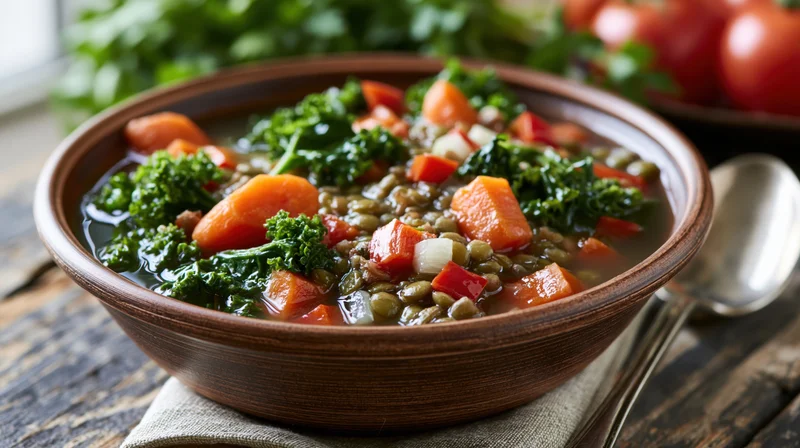 Vegetable lentil soup in a rustic brown ceramic bowl on a wooden table with spoon and napkin