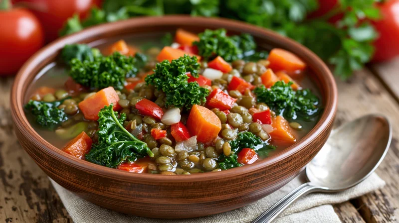 Vegetable lentil soup in a brown ceramic bowl on a wooden table with a spoon beside it