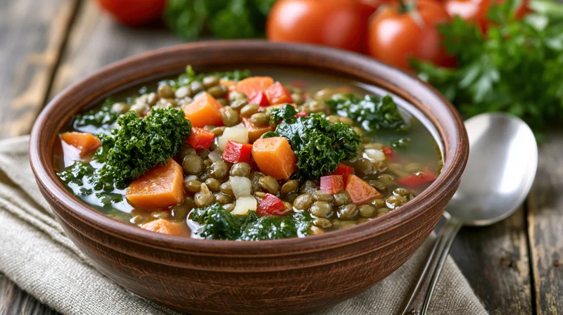 Lentil soup with vegetables in a brown ceramic bowl on a wooden table