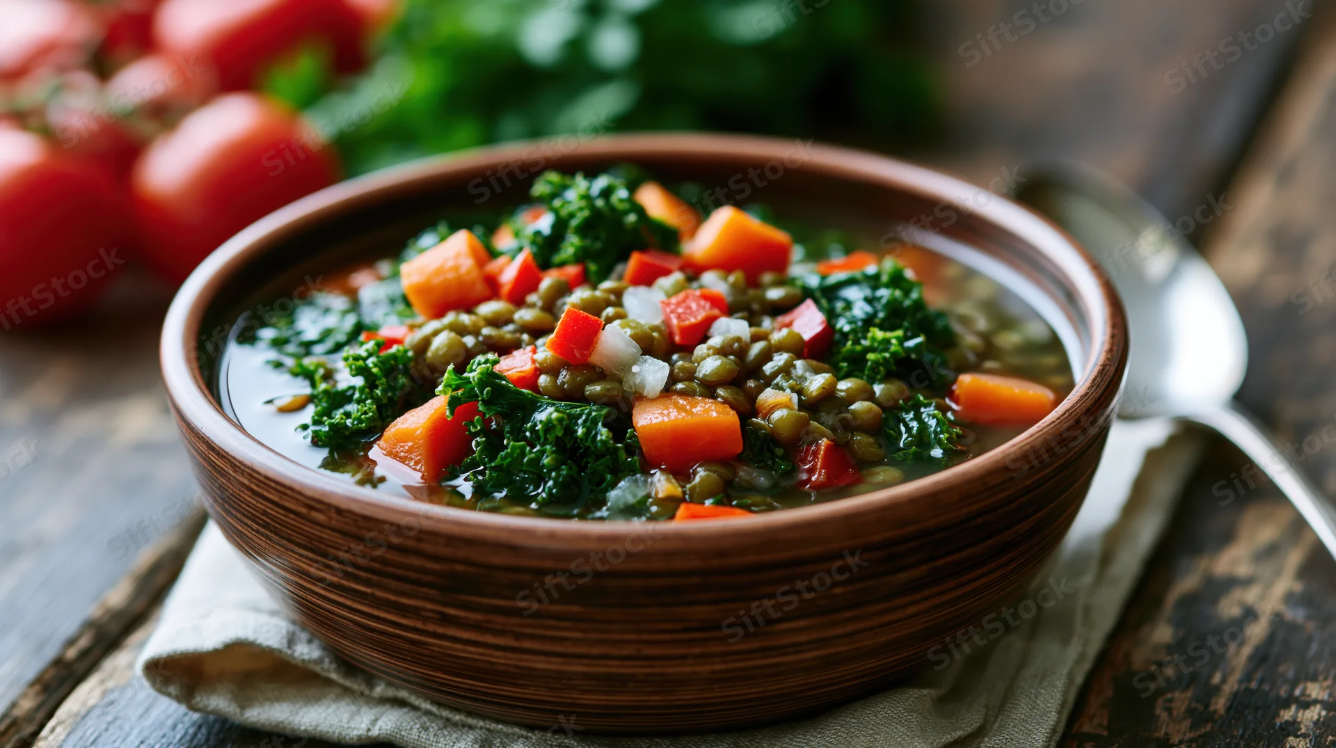 Lentil vegetable soup in a rustic brown ceramic bowl on a wooden table