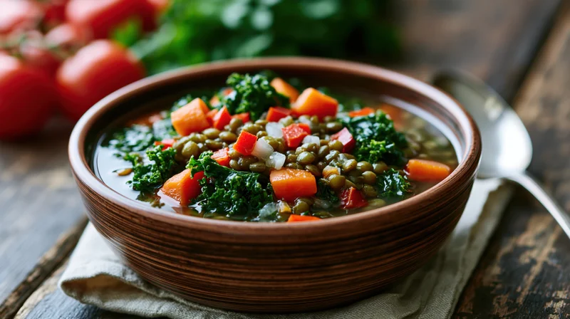 Lentil vegetable soup in a rustic brown ceramic bowl on a wooden table
