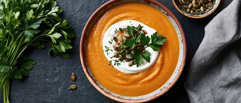 Thick pumpkin soup in a rustic ceramic bowl topped with yogurt and garnished with parsley and seeds on a dark slate surface