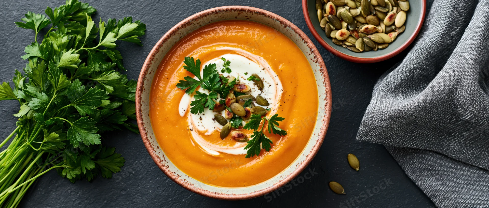 Thick pumpkin soup in a rustic ceramic bowl topped with cream and garnished with parsley and seeds on a dark slate surface