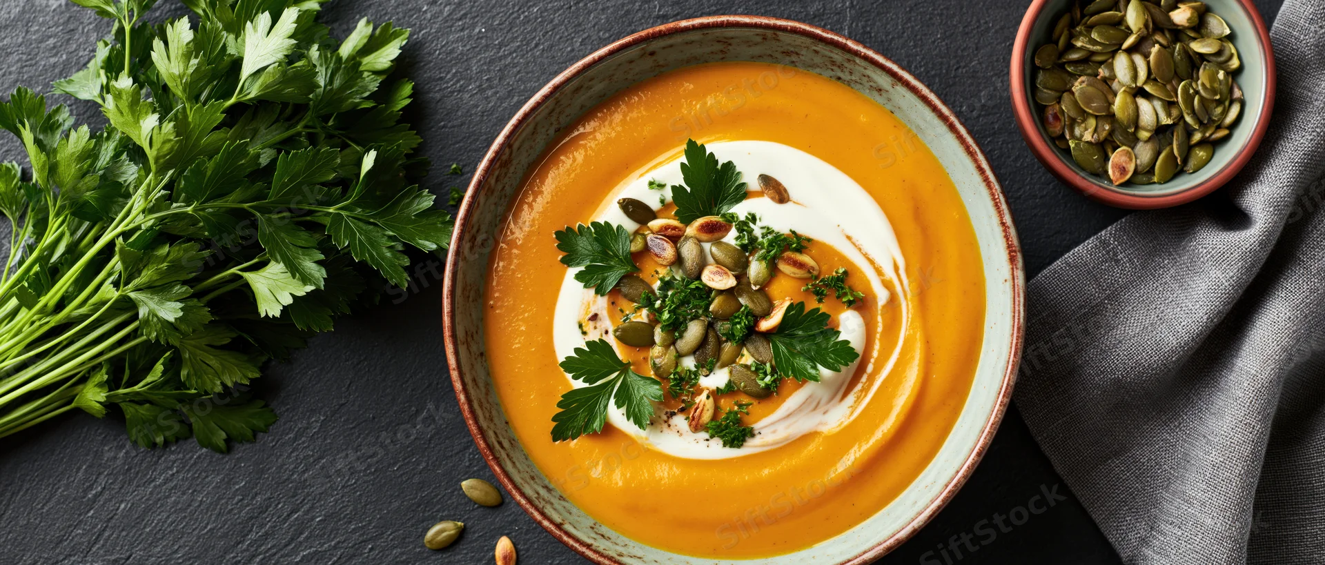 Thick pumpkin soup in a rustic ceramic bowl topped with cream swirl, parsley and seeds on dark slate surface