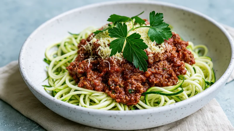 Spiralized zucchini noodles with meat sauce and parsley garnish in a white speckled ceramic bowl