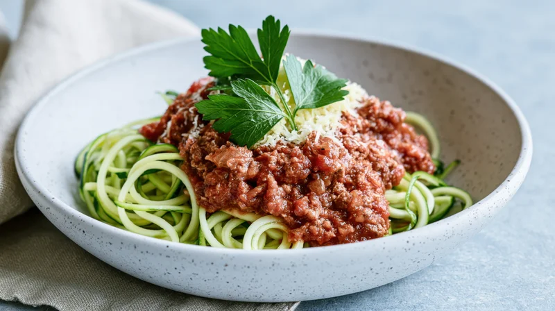 Spiralized zucchini noodles topped with meat sauce and parsley in a white speckled ceramic bowl