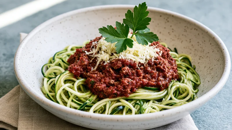 Spiralized zucchini noodles topped with meat sauce and cheese in a white speckled ceramic bowl on a cloth napkin