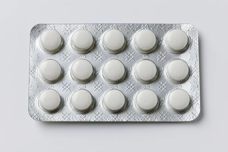 Silver aluminum blister pack with fifteen round white tablets on white background
