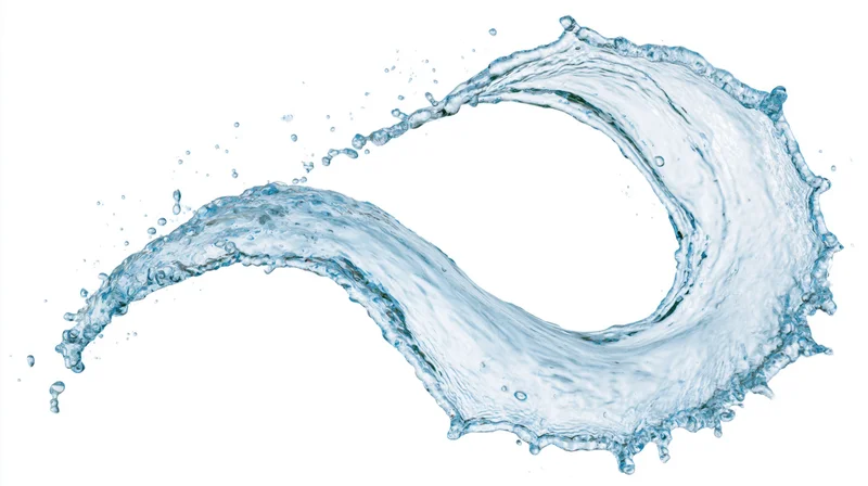 A single arc of clear water mid-splash curving left to right against a white background