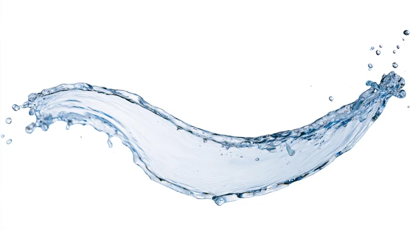 A single arc of clear water mid-splash curving left to right against a white background