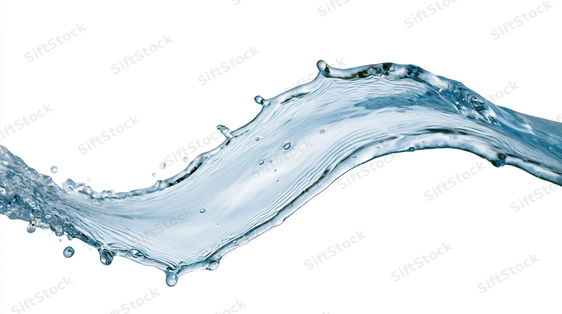 A single arc of clear water mid-splash curving left to right against white background
