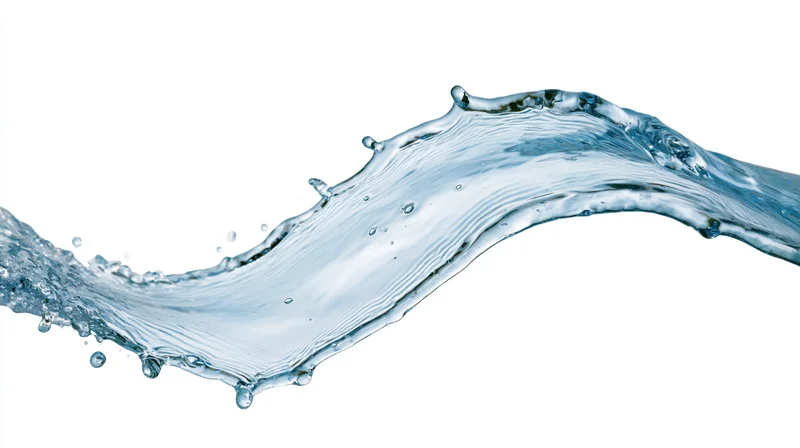A single arc of clear water mid-splash curving left to right against white background