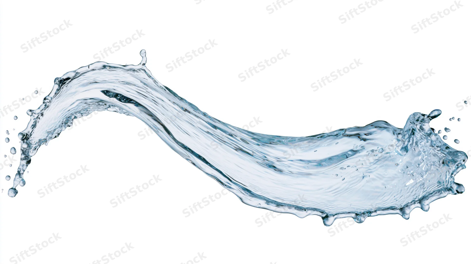 A single arc of clear water mid-splash curving left to right against a white background