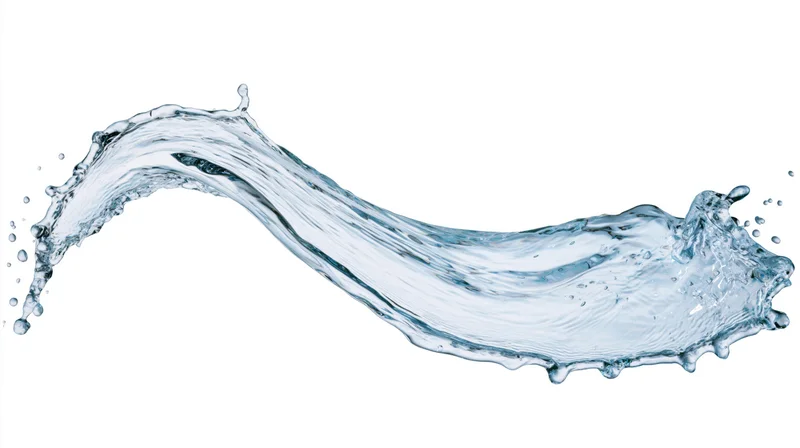 A single arc of clear water mid-splash curving left to right against a white background