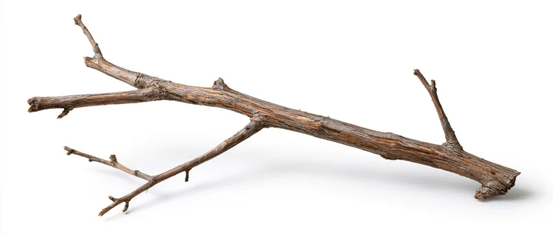 Dead tree branch with small twigs lying on white background