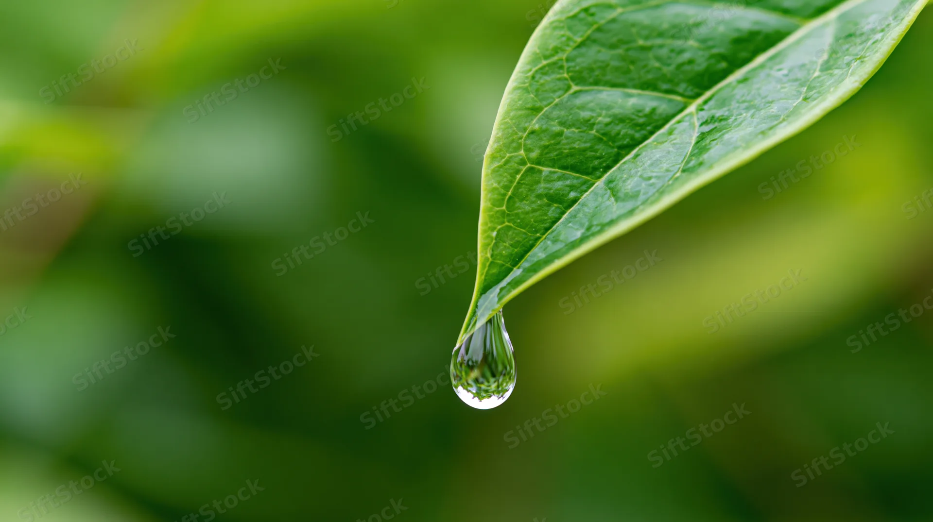 Water droplet hanging from the tip of a green leaf in a natural setting