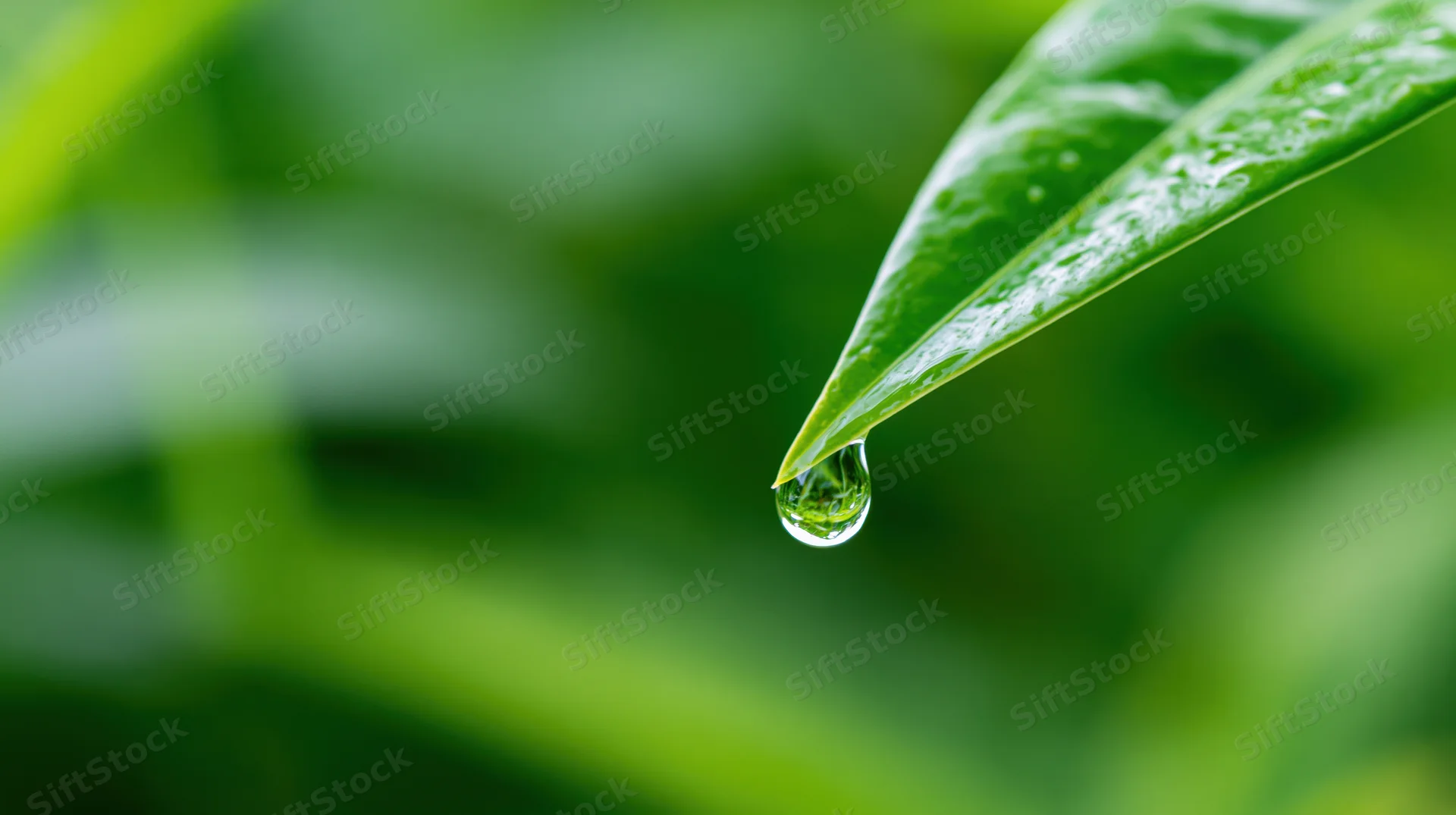 Water droplet hanging from the tip of a green leaf in a natural setting