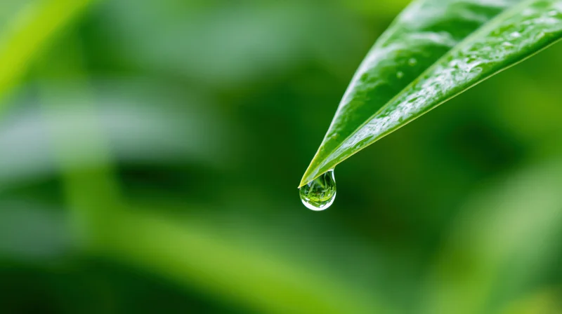 Water droplet hanging from the tip of a green leaf in a natural setting