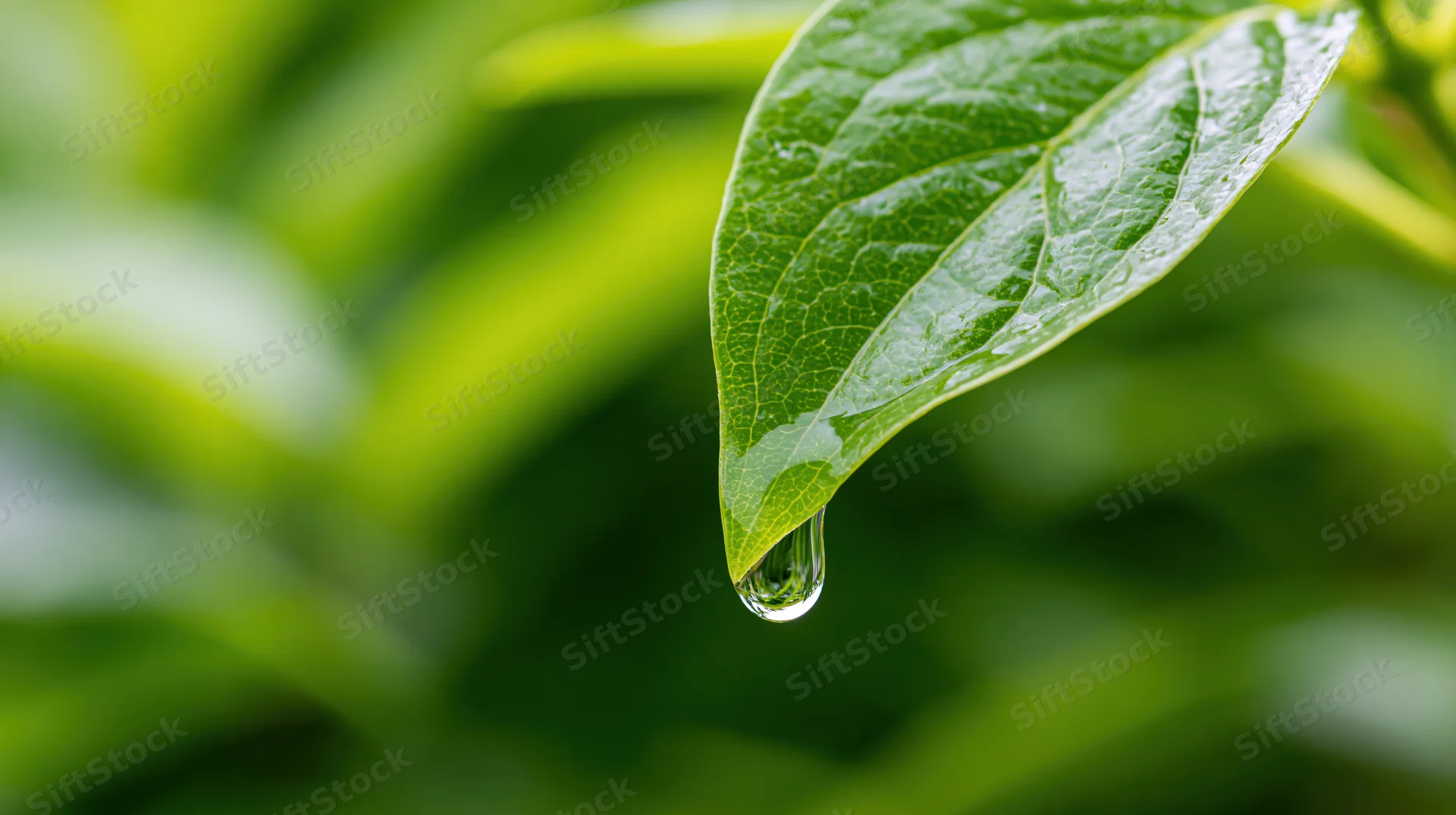 Water droplet hanging from the tip of a green leaf in a natural setting