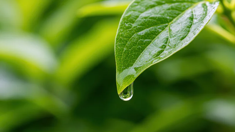Water droplet hanging from the tip of a green leaf in a natural setting