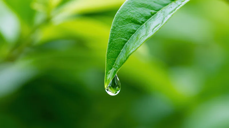 Water droplet hanging from the tip of a green leaf in a lush garden setting