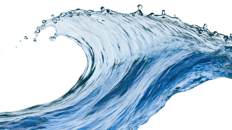 Dynamic water wave frozen mid-motion against white background