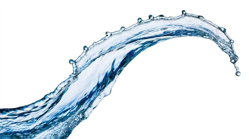 Dynamic water splash frozen mid-motion forming an arc against white background