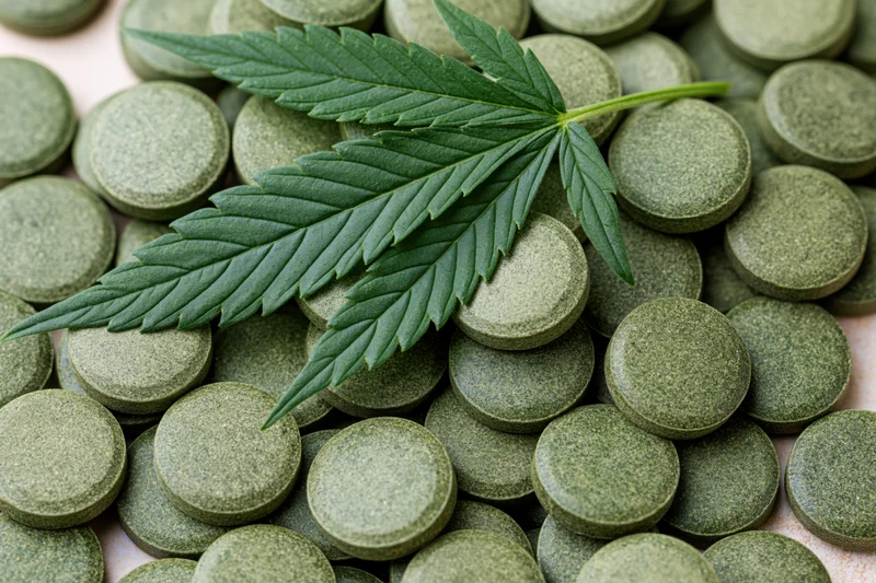 Cannabis leaf resting on a pile of green tablets