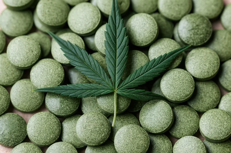 Cannabis leaf resting on a pile of green tablets